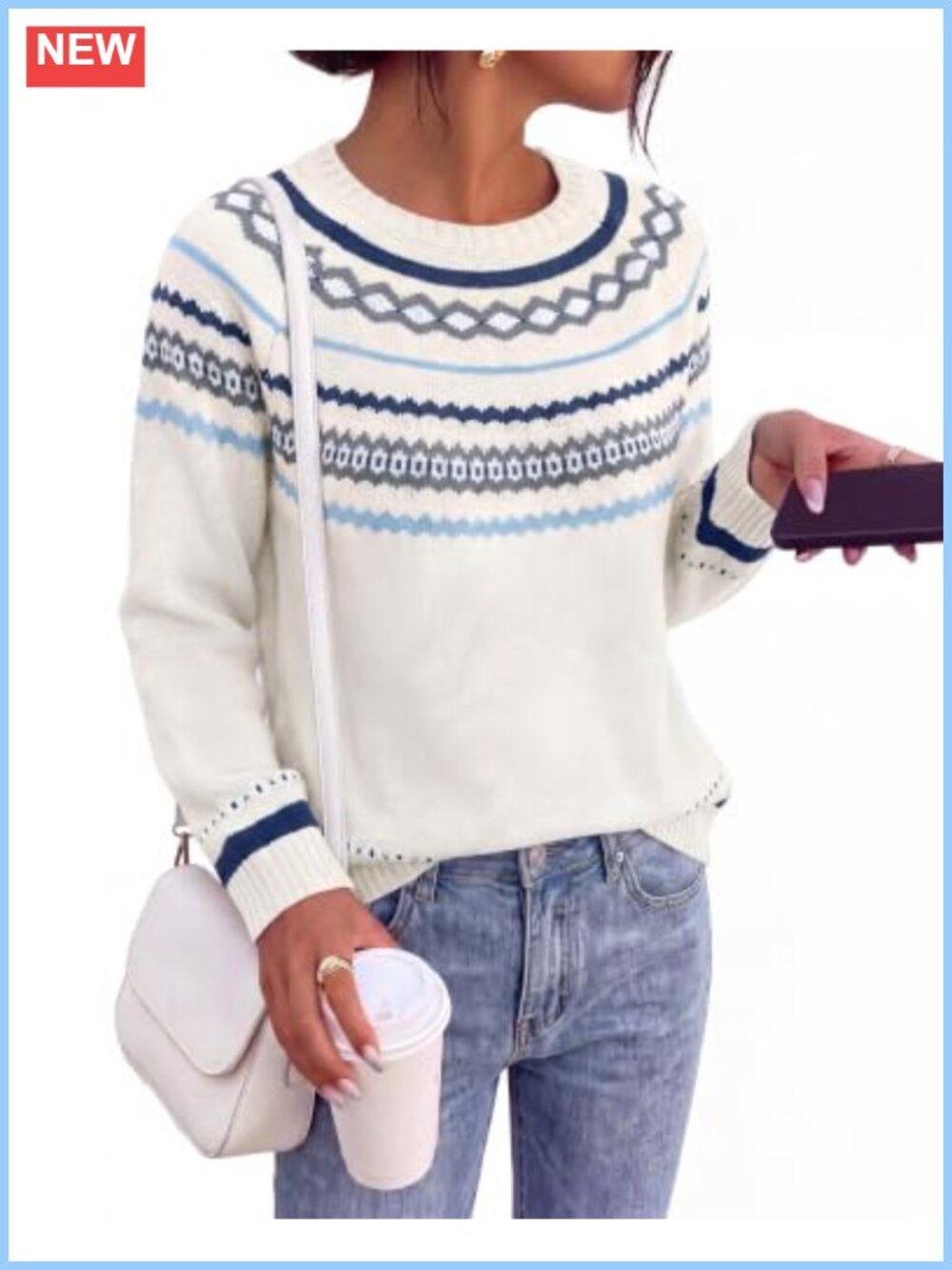 Women's Fair Isle Crew Neck Chunky Knit Long Sleeve Pullover Sweater